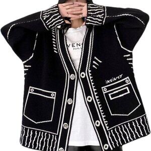 Women Print Graffiti Unique Cardigan Sweater Y2k Fake Pocket Long Sleeve Button